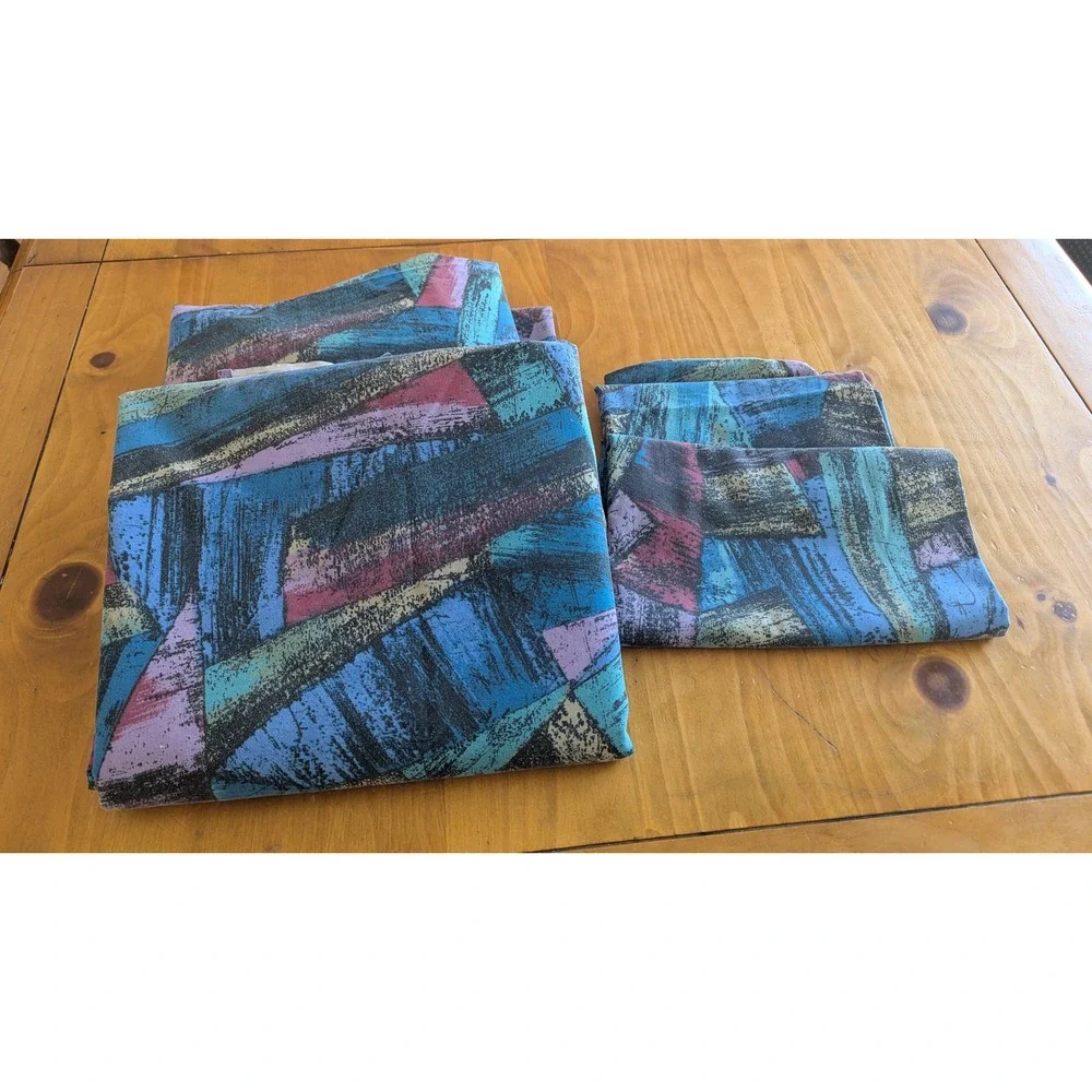 Vintage 90s Abstract Geometric Queen Sheet Set Blue Purple Retro Memphis Design
